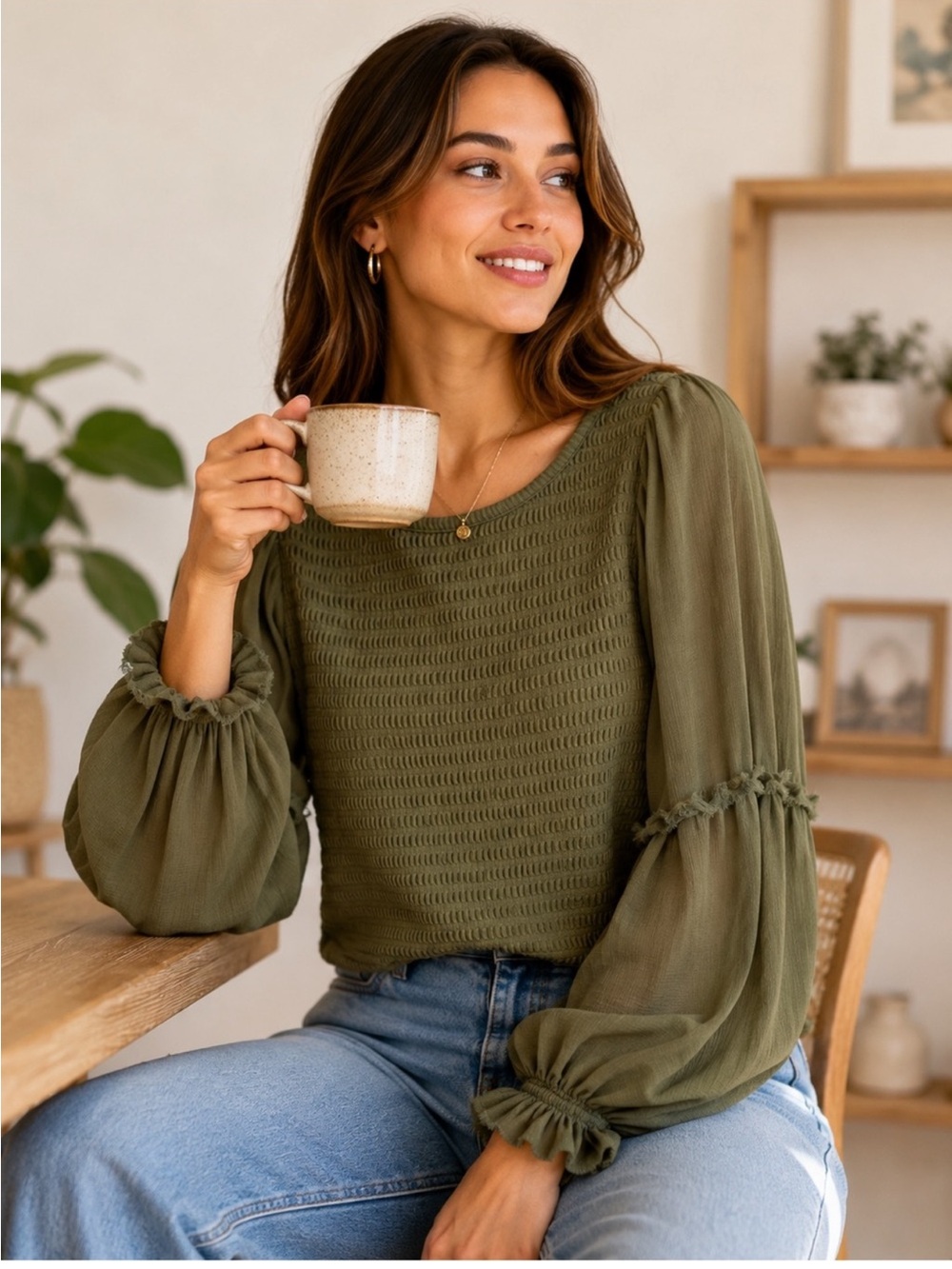 Anthropologie Long Sleeve Smocked Top Balloon Sleeves Olive Green Sz Large Chic